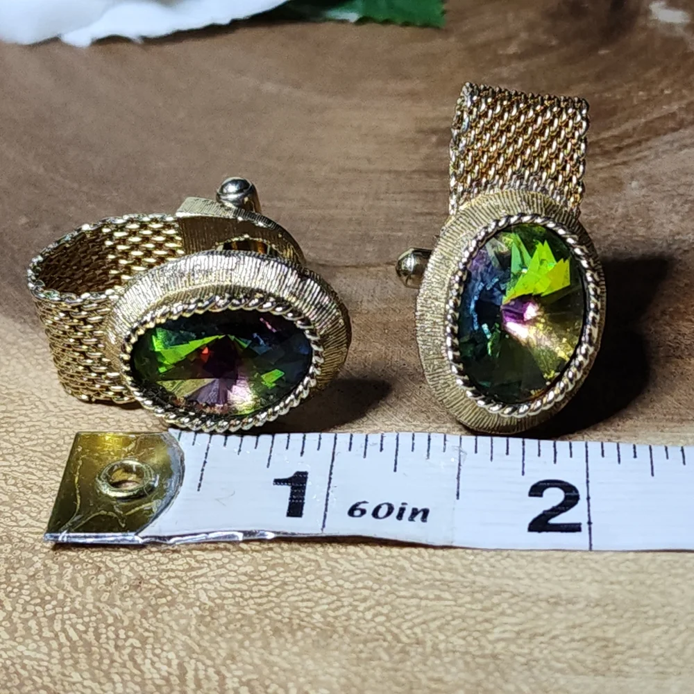 Vintage RARE Gold Tone Mesh Wrap Cufflinks Watermelon Glass Rivoli Gemstones